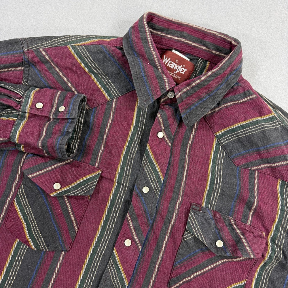 Wrangler Shirt Mens XL Maroon Western Striped Pearl Snap Long Sleeve Button Down